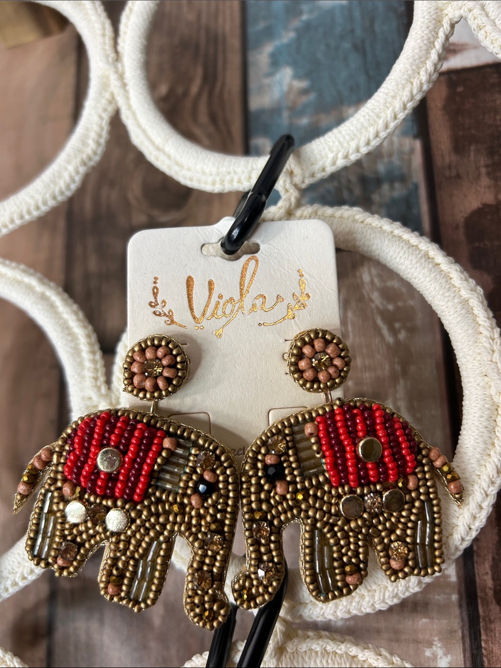 Viola Gold and Red Beaded Elephant Drop Earrings